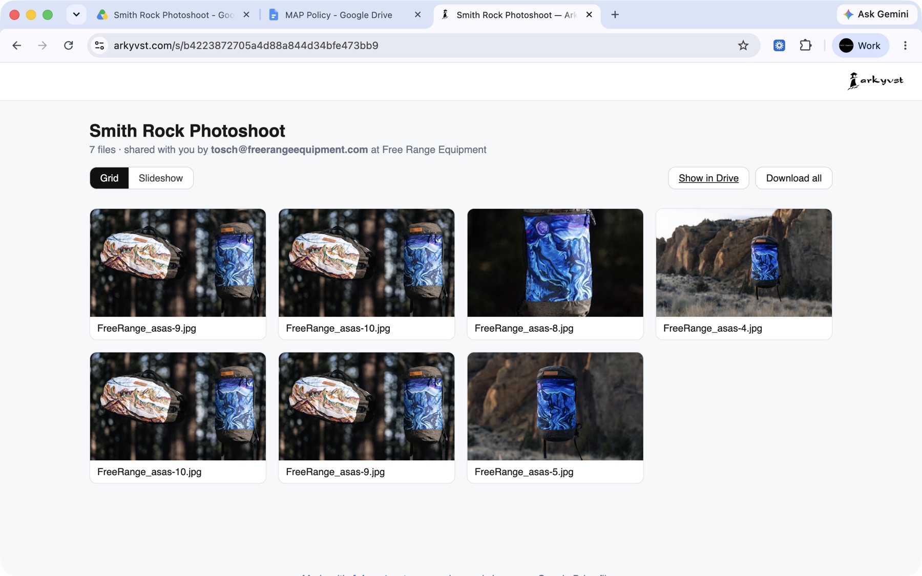 A shared collection page on arkyvst.com showing seven photos in a grid with Slideshow, Show in Drive and Download all controls