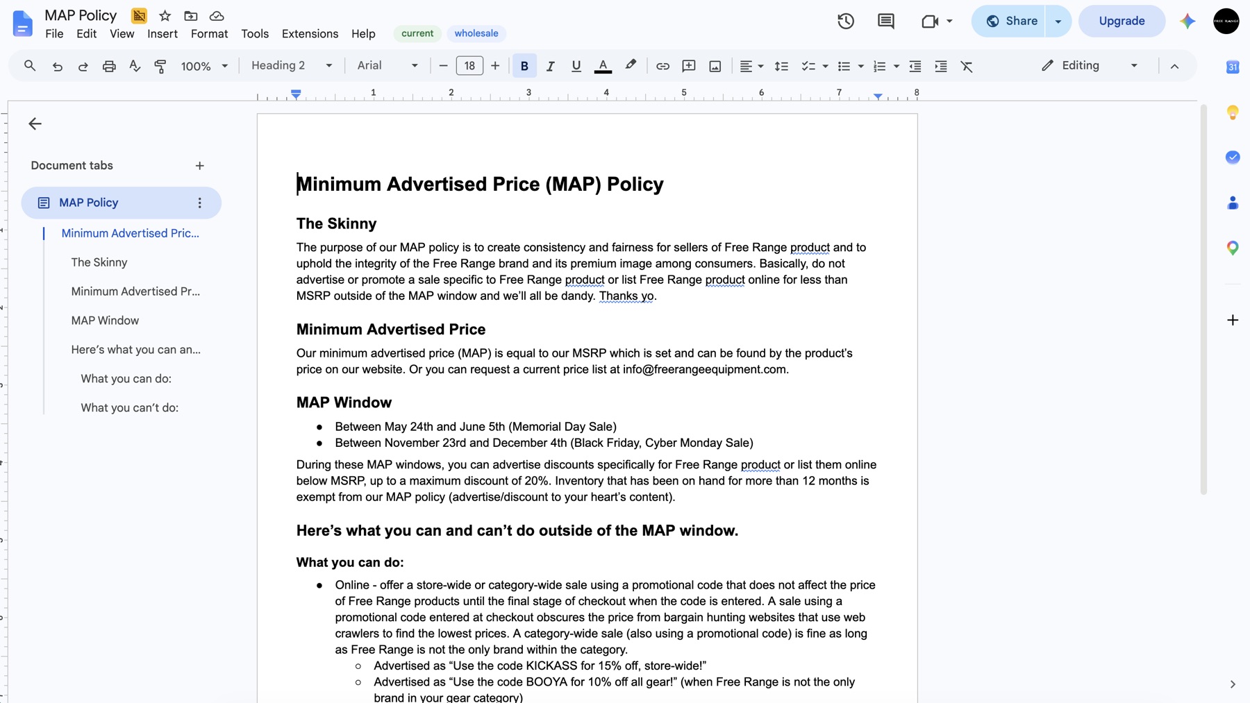 A Google Doc titled Minimum Advertised Price Policy with Arkyvst tag chips reading current and wholesale shown in the menu bar after Help