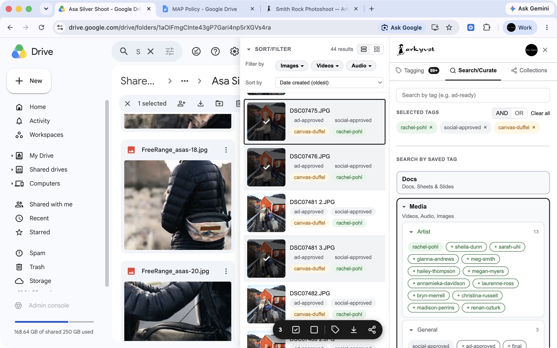 Arkyvst search narrowing a Drive folder with three stacked tags, showing 44 matching results with thumbnails and their tags