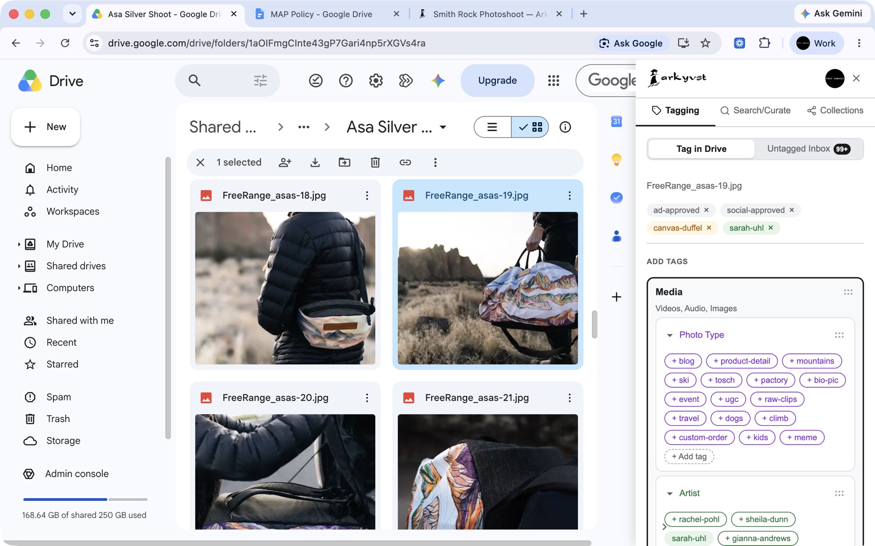 The Arkyvst sidebar open in Google Drive, tagging a product photo with ad-approved, social-approved, canvas-duffel and an artist name from a Media tag library