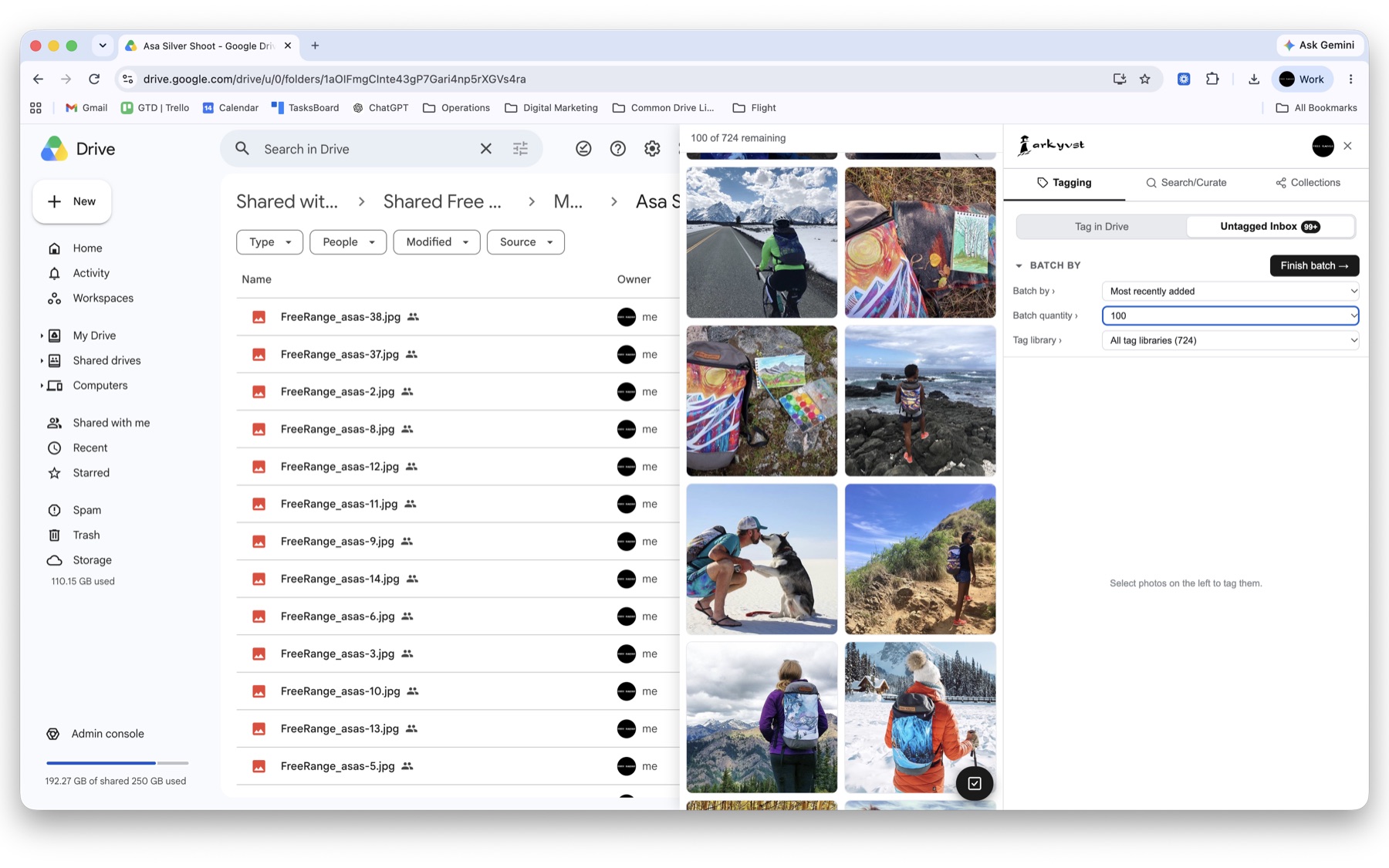 The Arkyvst Untagged Inbox showing 20 of 804 remaining files as a thumbnail grid beside the tagging panel